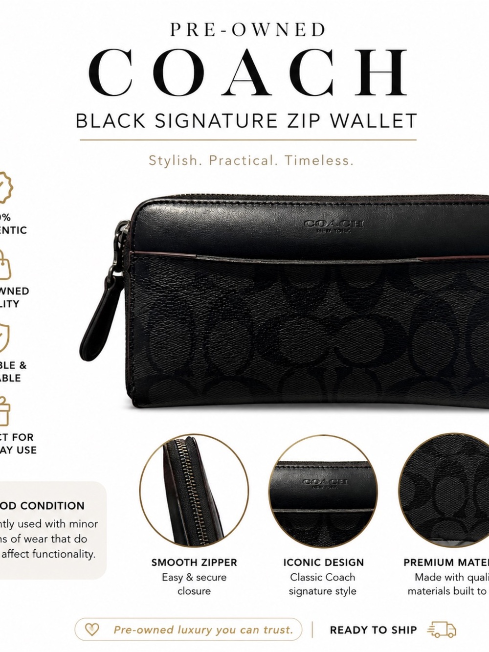 Pre owned Coach Black Signature Zip-Around Wallet